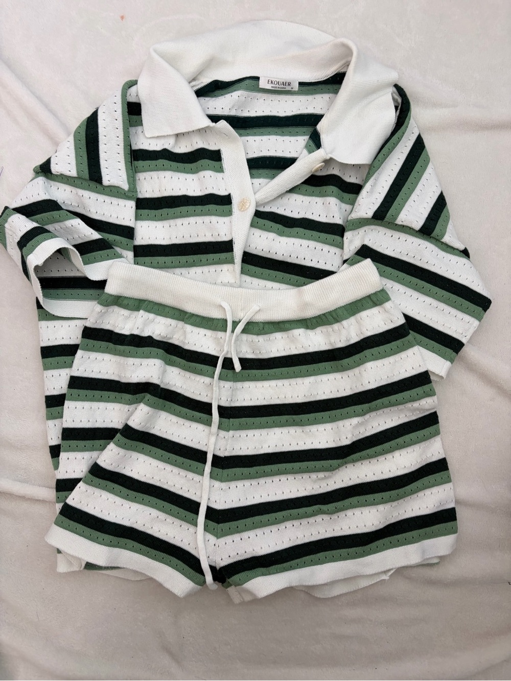 Eyelet Knit Striped Polo & Shorts Set in White, Green, Black